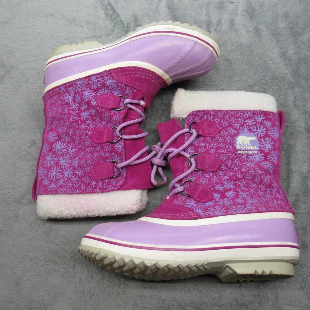 Sorel Snow Boots Youth 6 Purple Snowflake Lace‎ Up Faux Fur Waterproof Winter